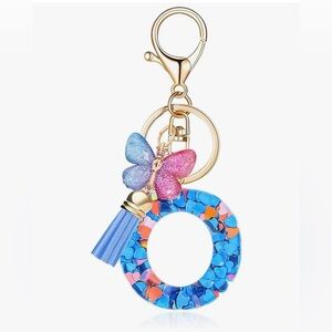 Fashion Alphabet Initial Letter Keychain Tassel Butterfly Pendant “O”Purse Decor